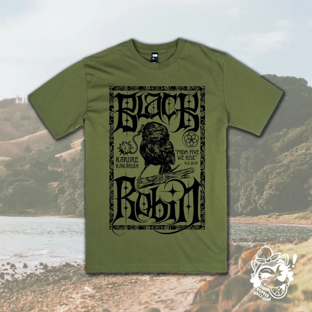 pepper raccoon tee shirt black robin