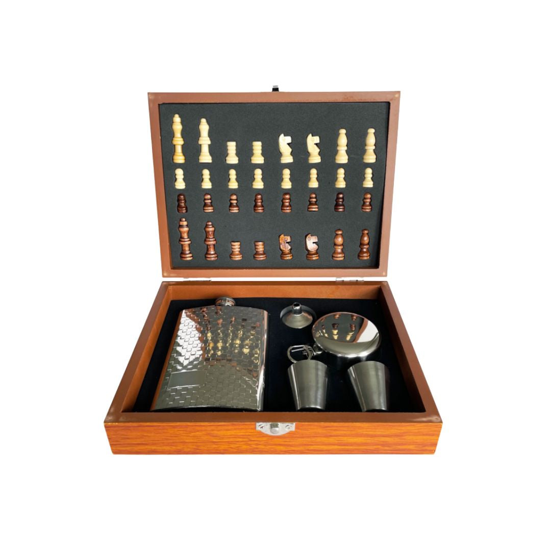 metal hip flask chess set gift box