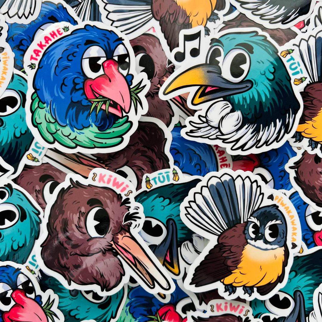 pepper raccoon pin aotearoa wild sillies sticker set 1 kiwi tui takahe piwakawaka