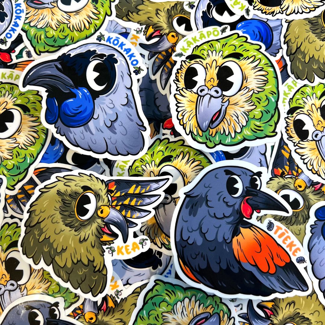 pepper raccoon pin aotearoa wild sillies sticker set 2 kokako kakapo kea tieke