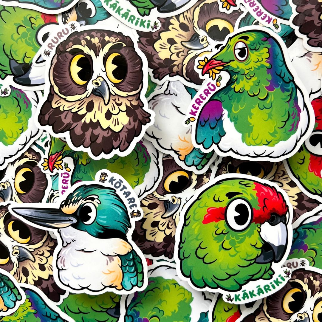 pepper raccoon pin aotearoa wild sillies sticker set 3 ruru owl kereru wood pigeon kotare kingfisher kakariki